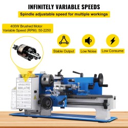 VEVOR Mini Metal Lathe 7x12 Inch Precision Variable Speed 2250RPM 400W Scale Telescopic Sets Metal Wood Working Lathe Automatic 