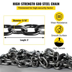 VEVOR Chain Sling, 5/16 inch x 5 ft Lifting Chains with Hooks, G80 Engine Chain Hoist Lifts, 11000 lbs/5 Ton Capacity Lifting Sl