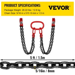 VEVOR Chain Sling, 5/16 inch x 5 ft Lifting Chains with Hooks, G80 Engine Chain Hoist Lifts, 11000 lbs/5 Ton Capacity Lifting Sl