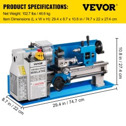 VEVOR 7x14 Inch Metal Lathe 50-2500 RPM 550W Mini Bench Lathe 0.75HP Variable Spindle Speed Milling Machine for Mini Precision P